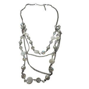 Layered Silver-Tone Chain Necklace With White & Faceted Clear Beads Fairy Kei